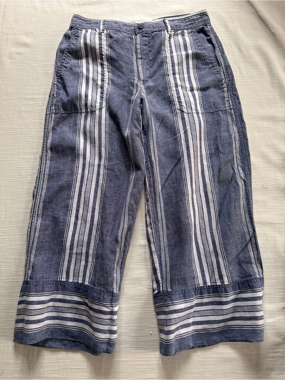 Lauren Ralph Lauren Blue Striped 100% Linen Crop Wide-Leg Pants | 8